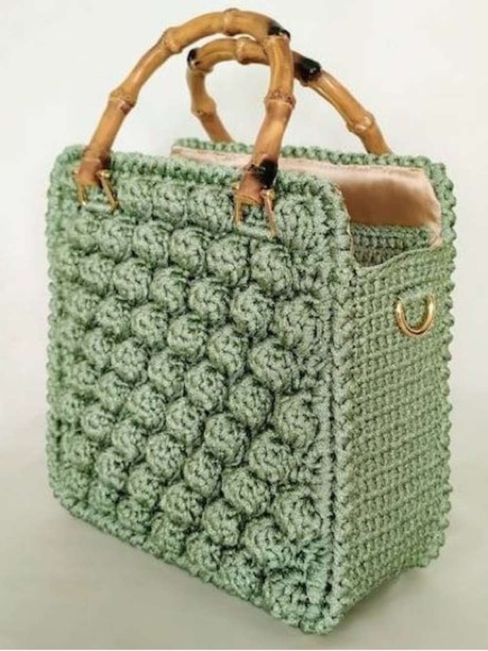 Handmade Sage Green Crochet Tote Bag with Bamboo Handles